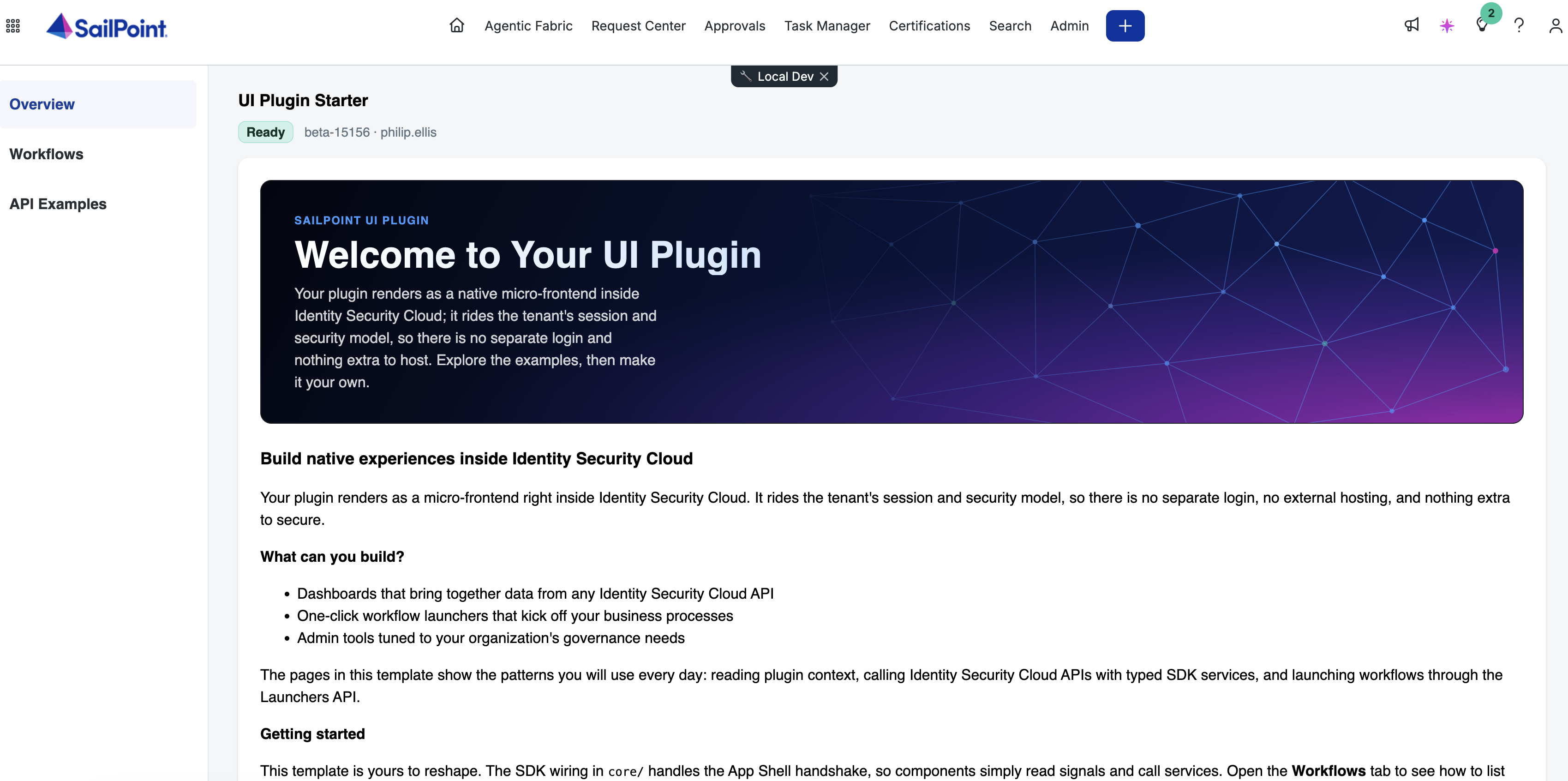 The starter plugin loaded inside ISC with the Local Dev badge