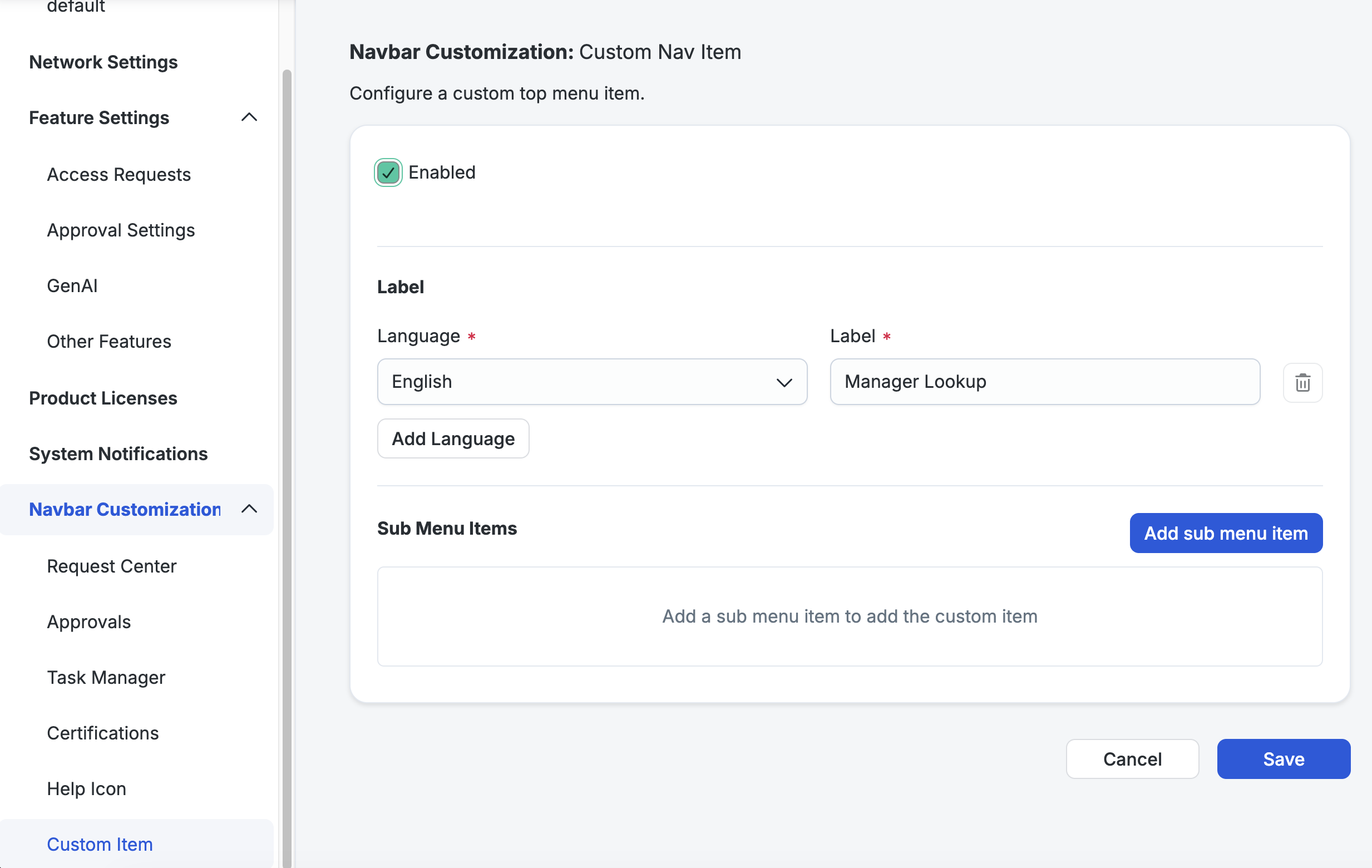 The Custom Nav Item page, with a label and the Add sub menu item button