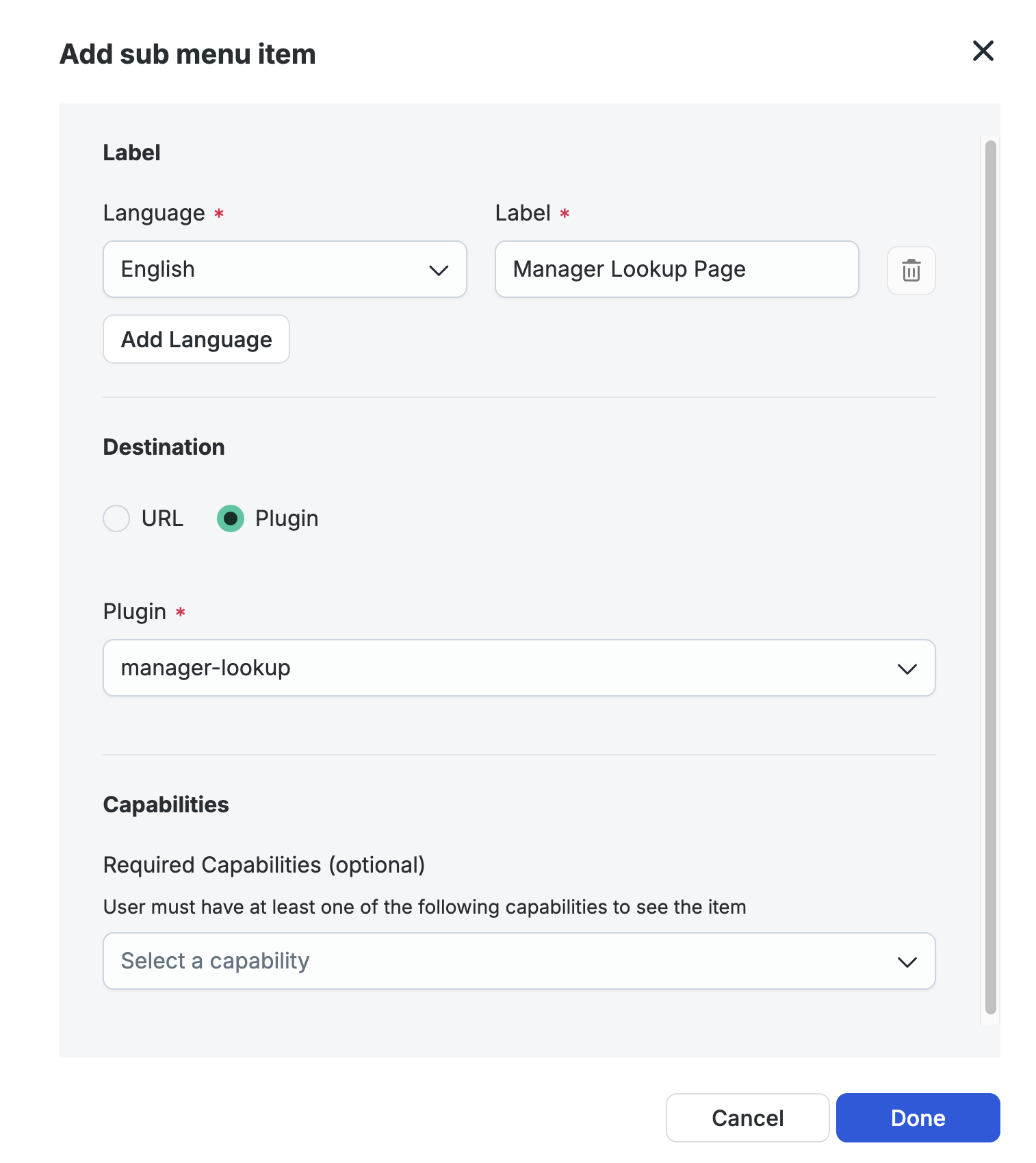 The Add sub menu item dialog, with the plugin destination selected